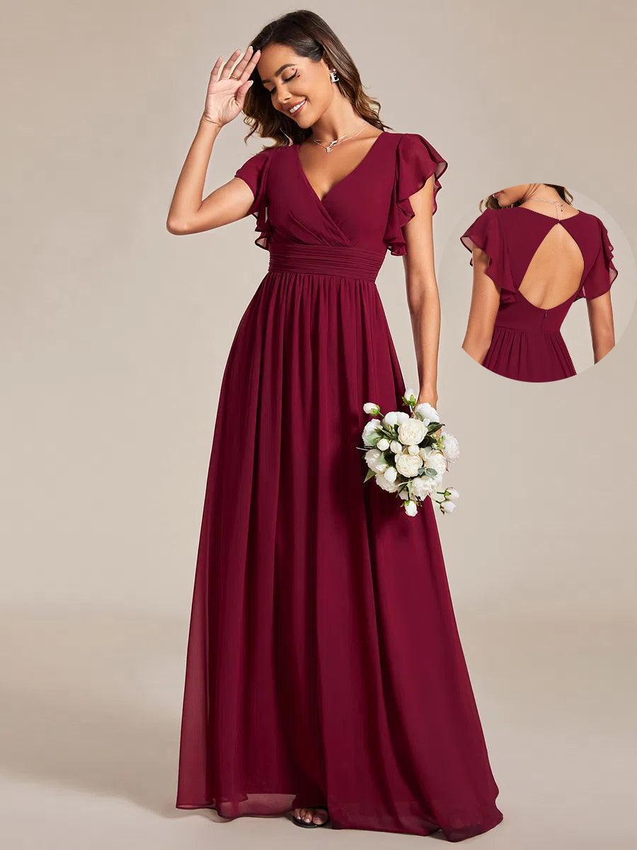 Liliana | Abito da damigella in chiffon con maniche plissettate e scollatura sul retro