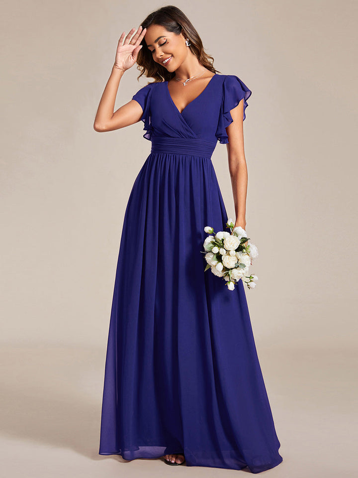 Liliana | Abito da damigella in chiffon con maniche plissettate e scollatura sul retro