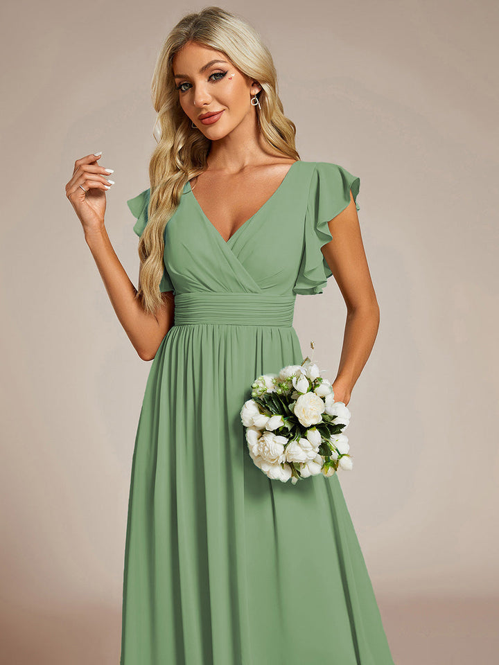 Liliana | Abito da damigella in chiffon con maniche plissettate e scollatura sul retro