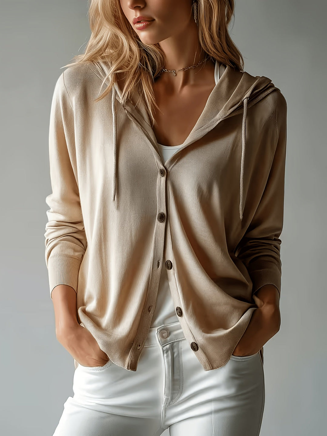 Katia | Cardigan Kaki con Cappuccio e Bottoni