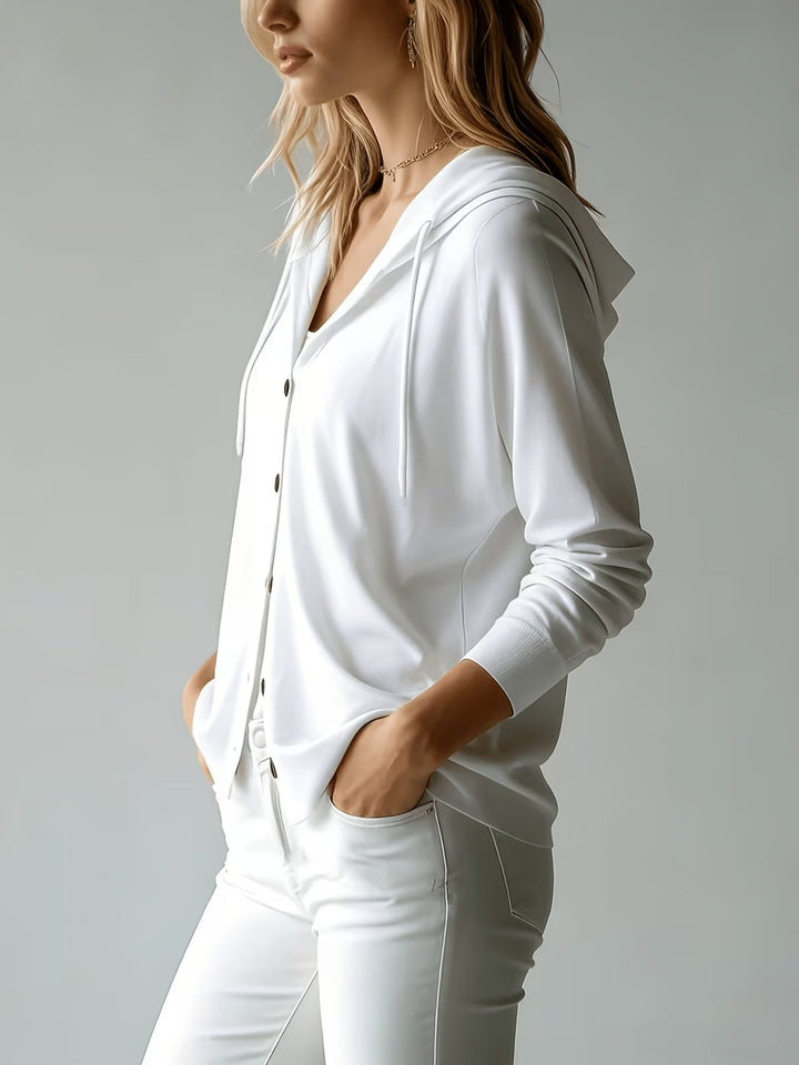 Chiara | Cardigan Bianco con Cappuccio e Chiusura a Bottoni