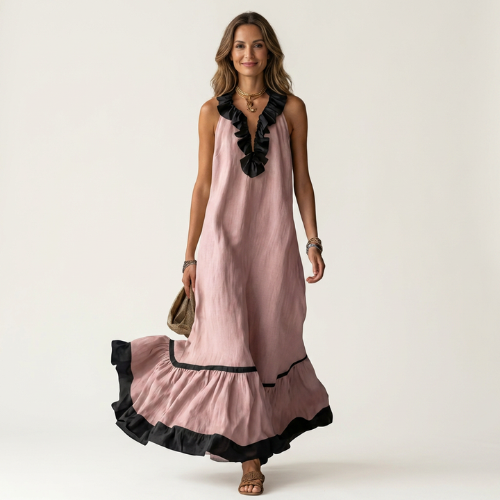Emilia | Abito Maxi Senza Maniche con Scollo a Balze e Bordo a Contrasto