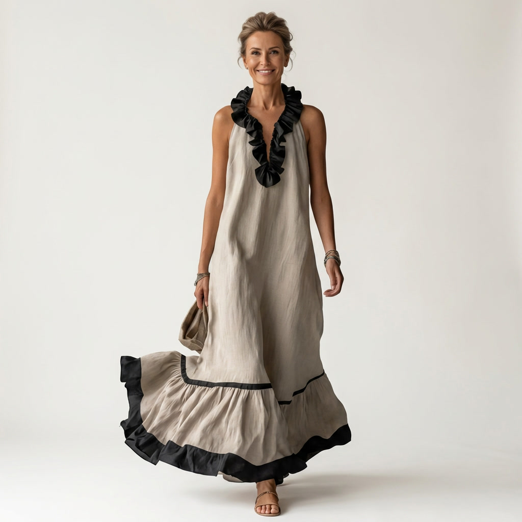 Emilia | Abito Maxi Senza Maniche con Scollo a Balze e Bordo a Contrasto
