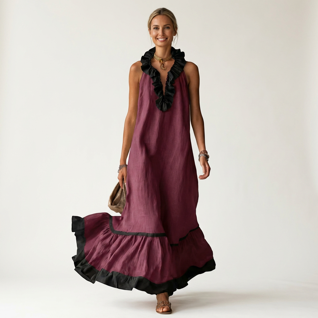 Emilia | Abito Maxi Senza Maniche con Scollo a Balze e Bordo a Contrasto