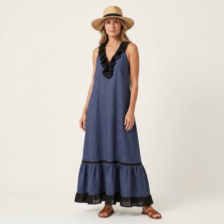 Emilia | Abito Maxi Senza Maniche con Scollo a Balze e Bordo a Contrasto