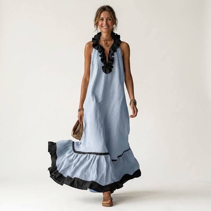 Emilia | Abito Maxi Senza Maniche con Scollo a Balze e Bordo a Contrasto