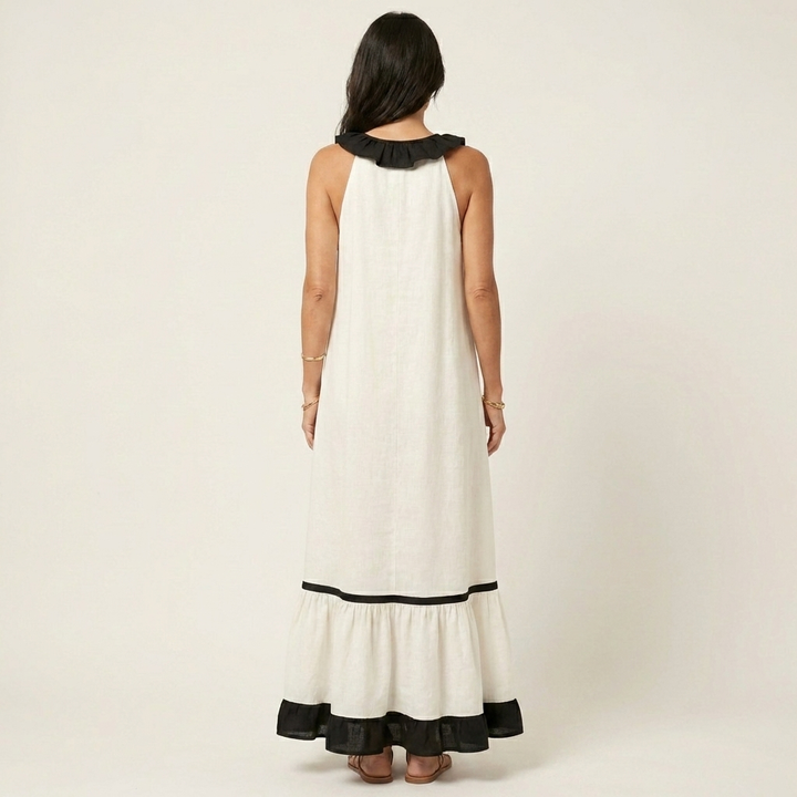 Emilia | Abito Maxi Senza Maniche con Scollo a Balze e Bordo a Contrasto