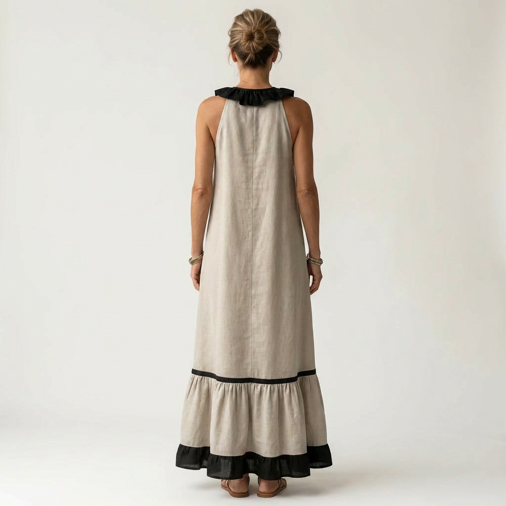 Emilia | Abito Maxi Senza Maniche con Scollo a Balze e Bordo a Contrasto