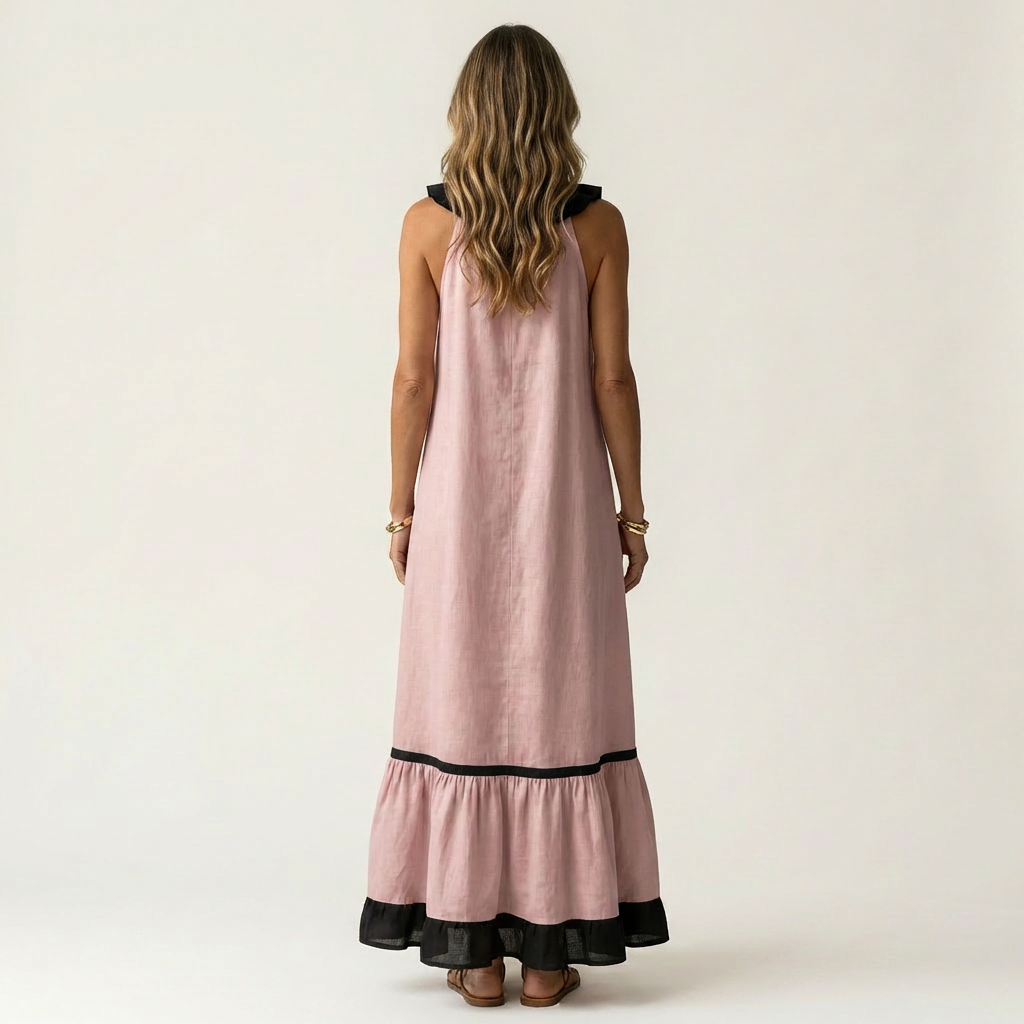 Emilia | Abito Maxi Senza Maniche con Scollo a Balze e Bordo a Contrasto