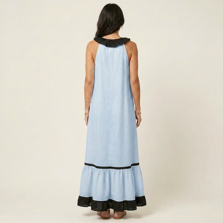 Emilia | Abito Maxi Senza Maniche con Scollo a Balze e Bordo a Contrasto