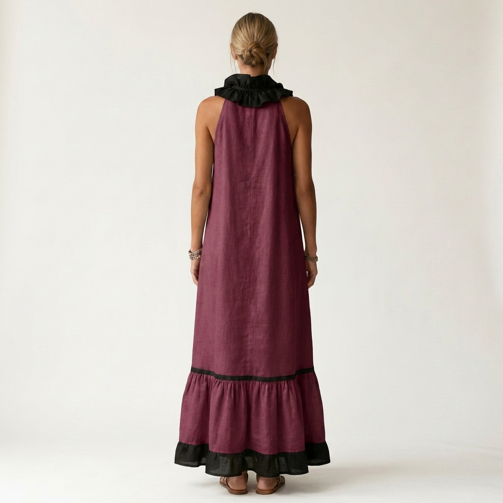 Emilia | Abito Maxi Senza Maniche con Scollo a Balze e Bordo a Contrasto