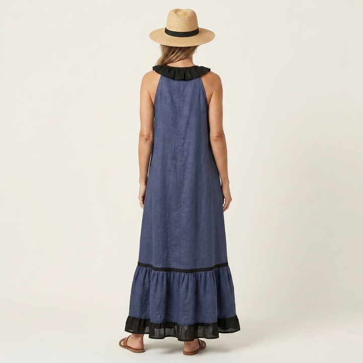 Emilia | Abito Maxi Senza Maniche con Scollo a Balze e Bordo a Contrasto