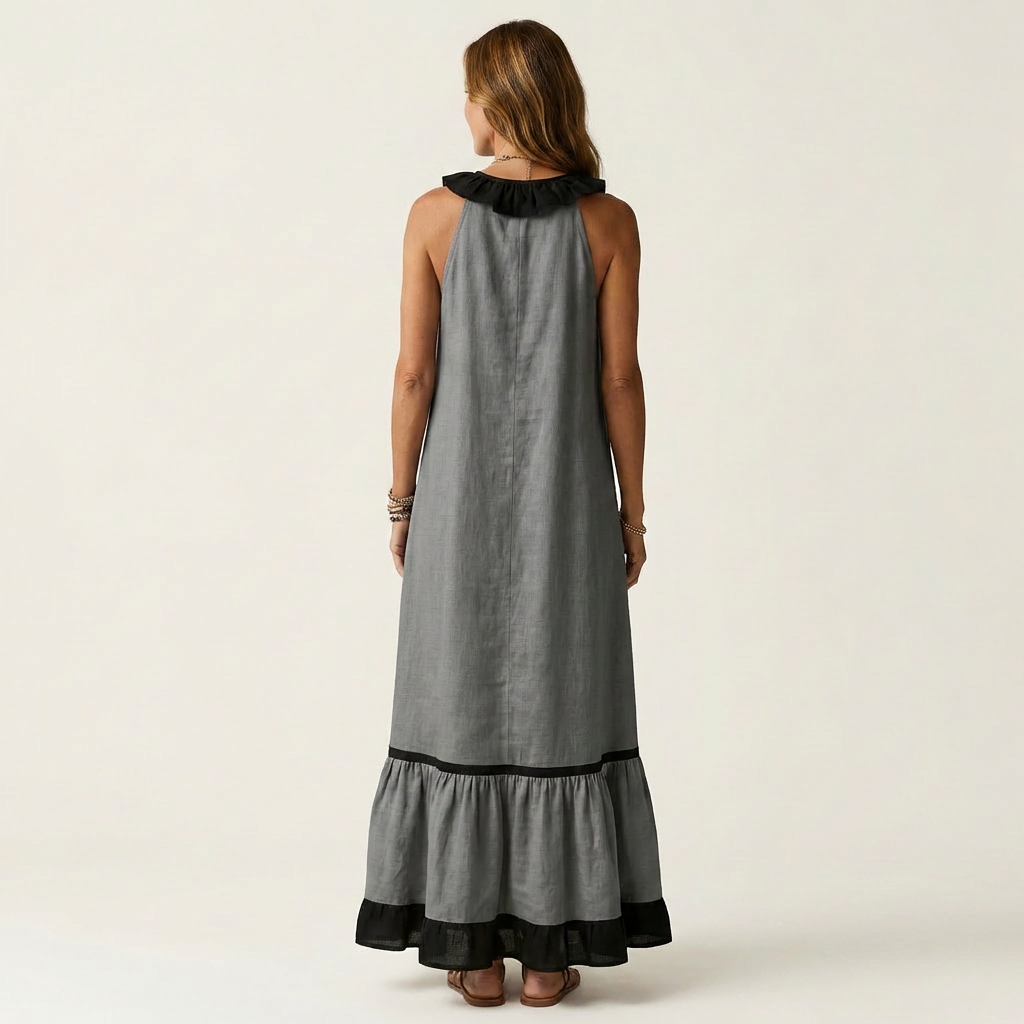 Emilia | Abito Maxi Senza Maniche con Scollo a Balze e Bordo a Contrasto