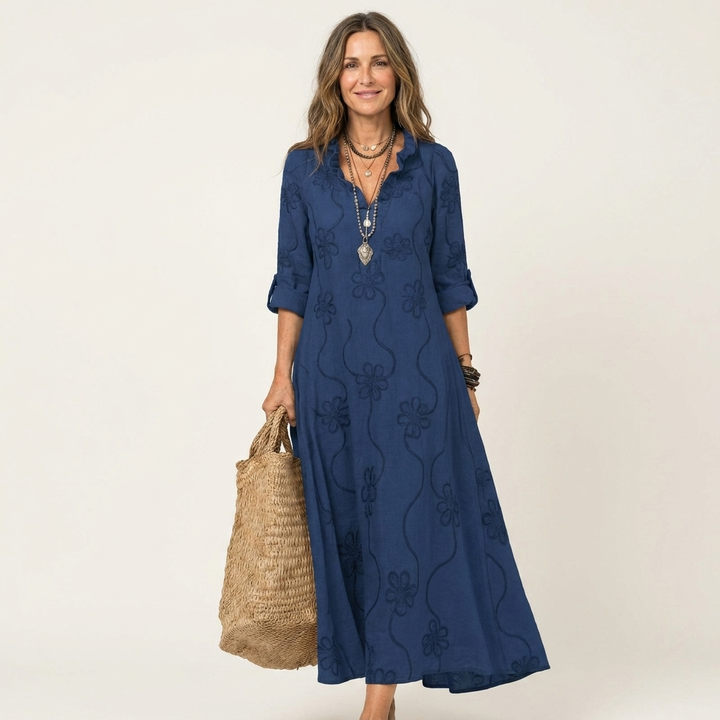 Marisa | Abito Maxi in Cotone-Lino con Ricamo Floreale Tono su Tono