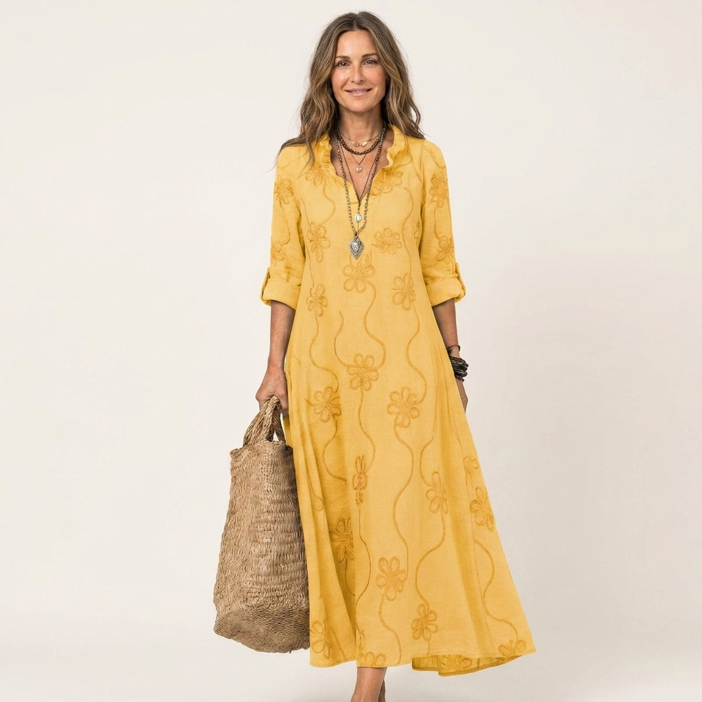 Marisa | Abito Maxi in Cotone-Lino con Ricamo Floreale Tono su Tono