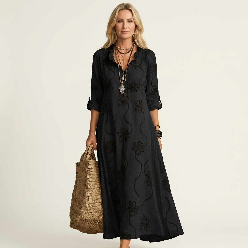 Marisa | Abito Maxi in Cotone-Lino con Ricamo Floreale Tono su Tono