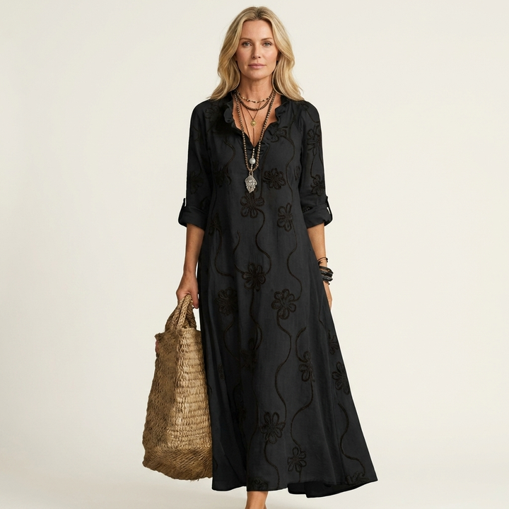 Marisa | Abito Maxi in Cotone-Lino con Ricamo Floreale Tono su Tono