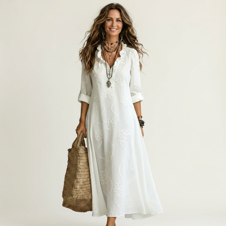 Marisa | Abito Maxi in Cotone-Lino con Ricamo Floreale Tono su Tono