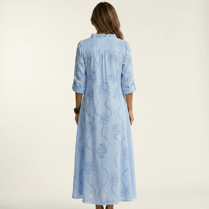 Marisa | Abito Maxi in Cotone-Lino con Ricamo Floreale Tono su Tono