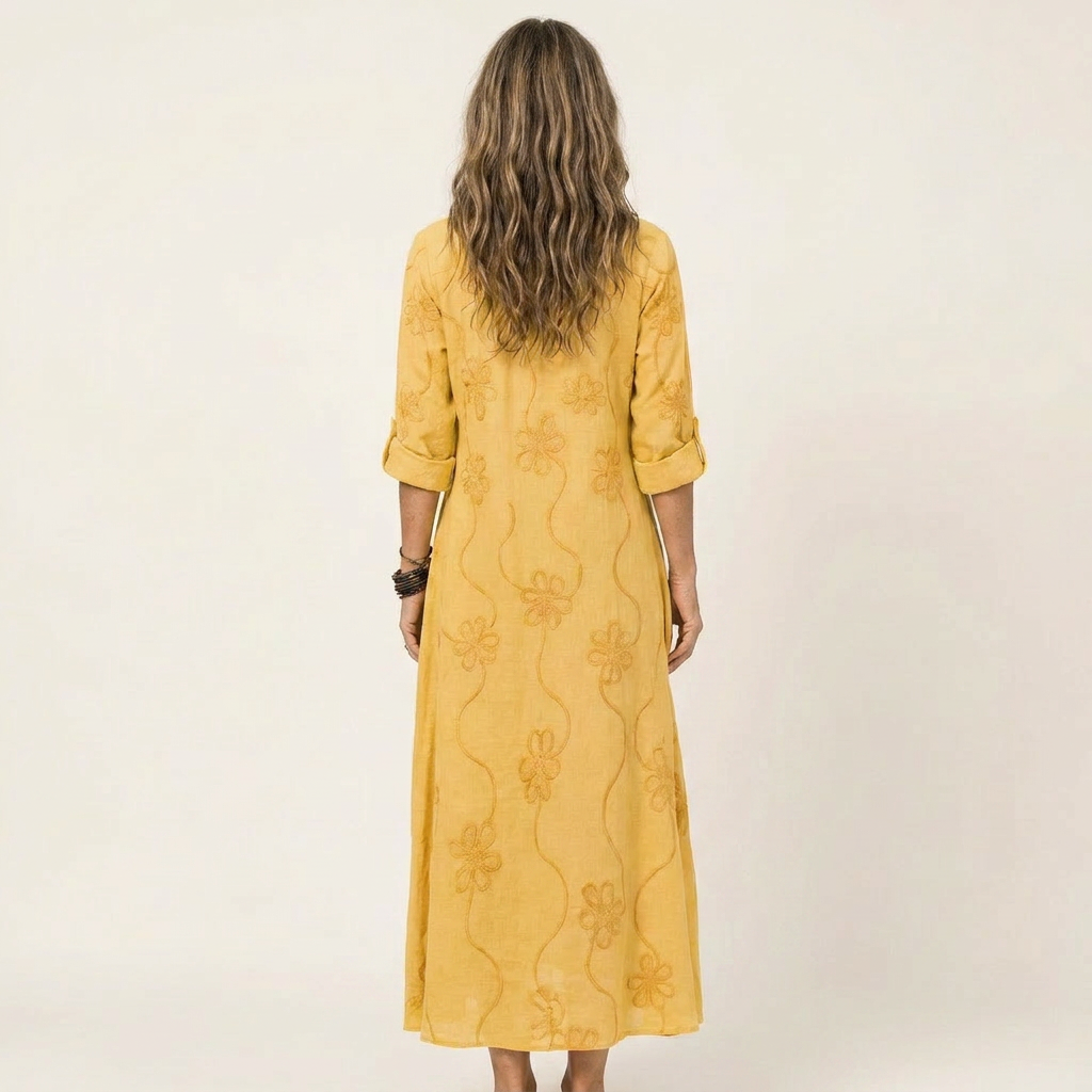 Marisa | Abito Maxi in Cotone-Lino con Ricamo Floreale Tono su Tono