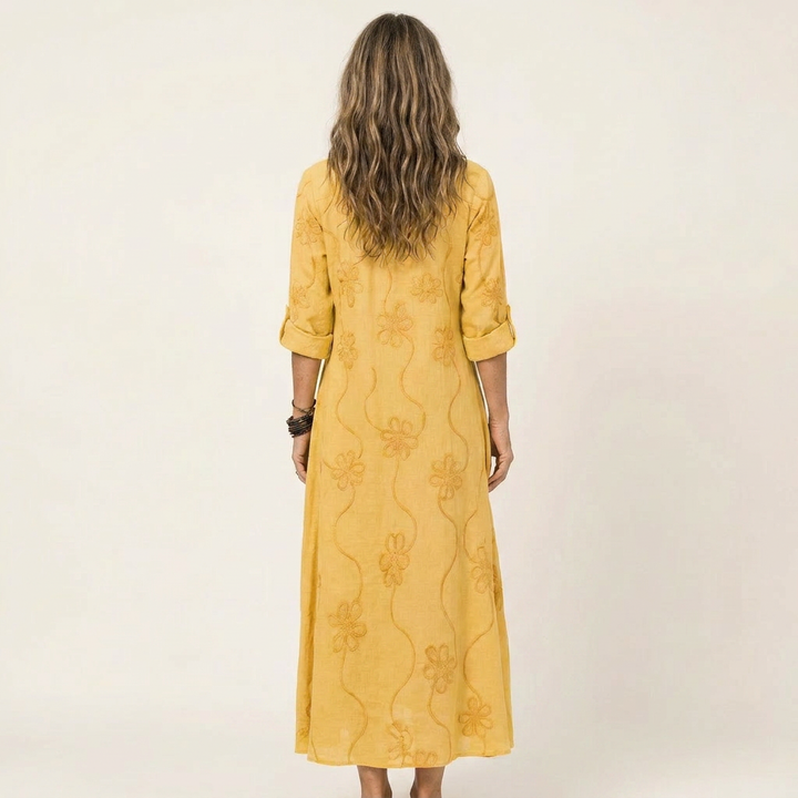Marisa | Abito Maxi in Cotone-Lino con Ricamo Floreale Tono su Tono