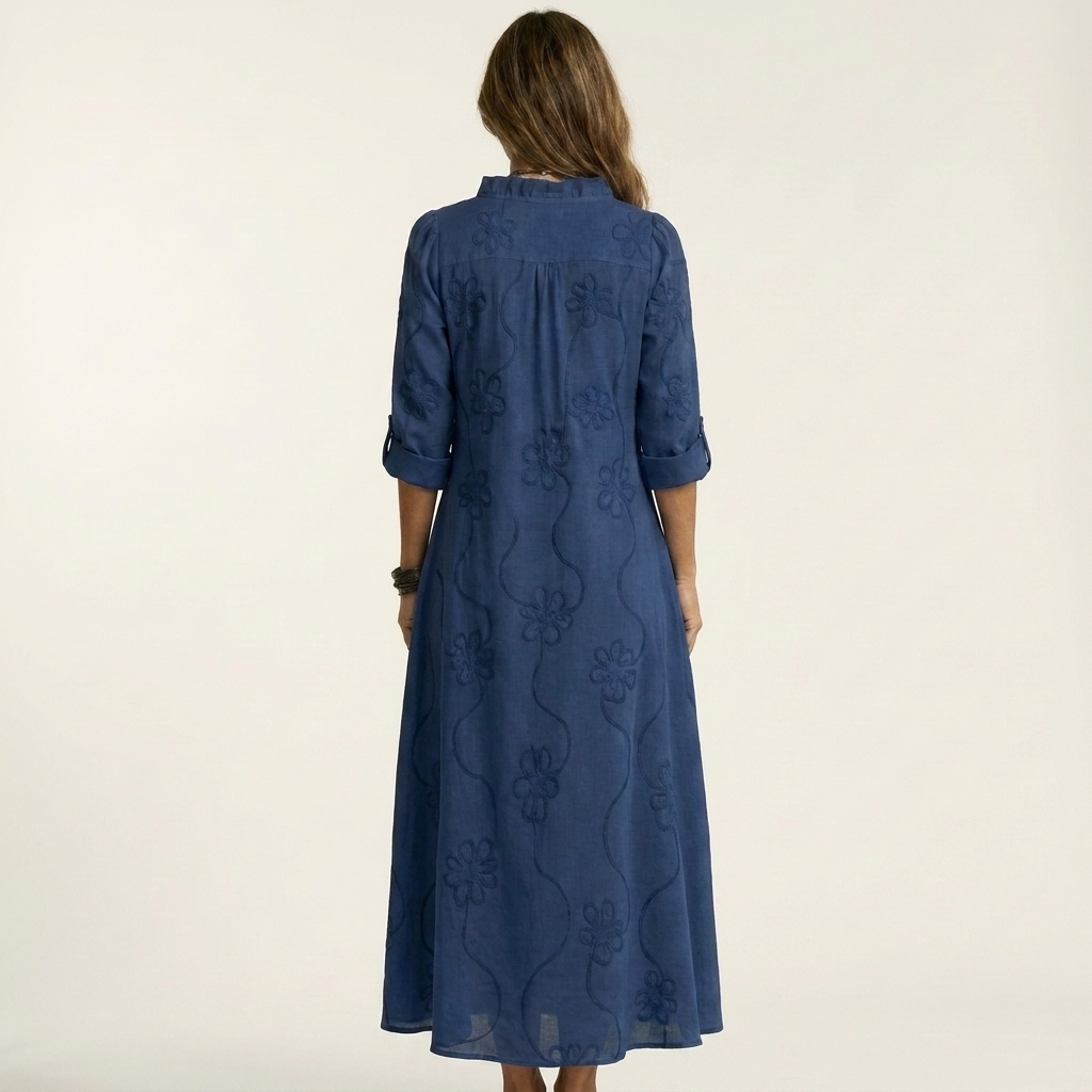 Marisa | Abito Maxi in Cotone-Lino con Ricamo Floreale Tono su Tono