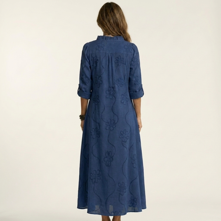 Marisa | Abito Maxi in Cotone-Lino con Ricamo Floreale Tono su Tono