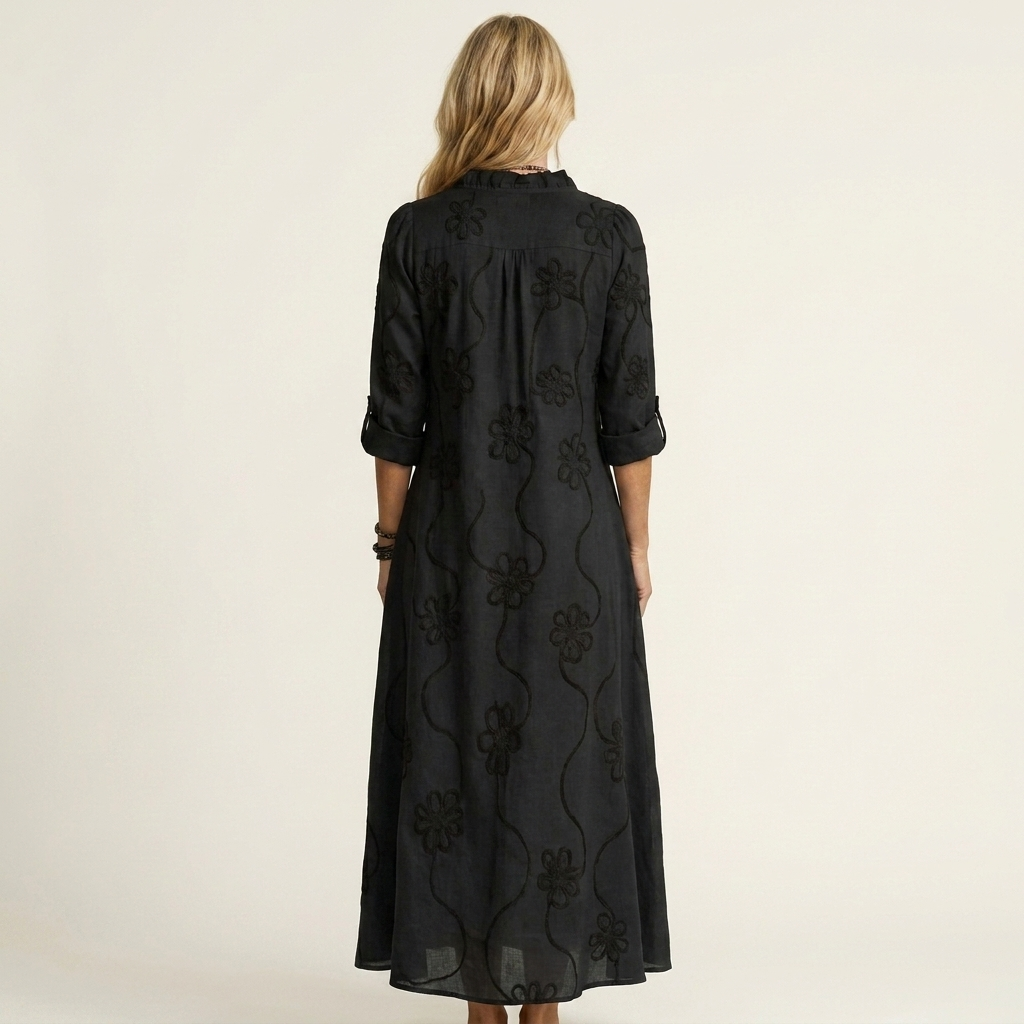 Marisa | Abito Maxi in Cotone-Lino con Ricamo Floreale Tono su Tono