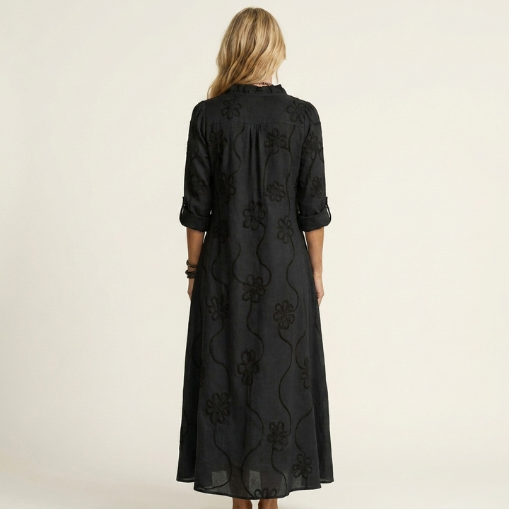 Marisa | Abito Maxi in Cotone-Lino con Ricamo Floreale Tono su Tono