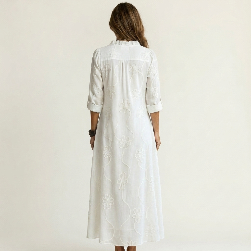 Marisa | Abito Maxi in Cotone-Lino con Ricamo Floreale Tono su Tono