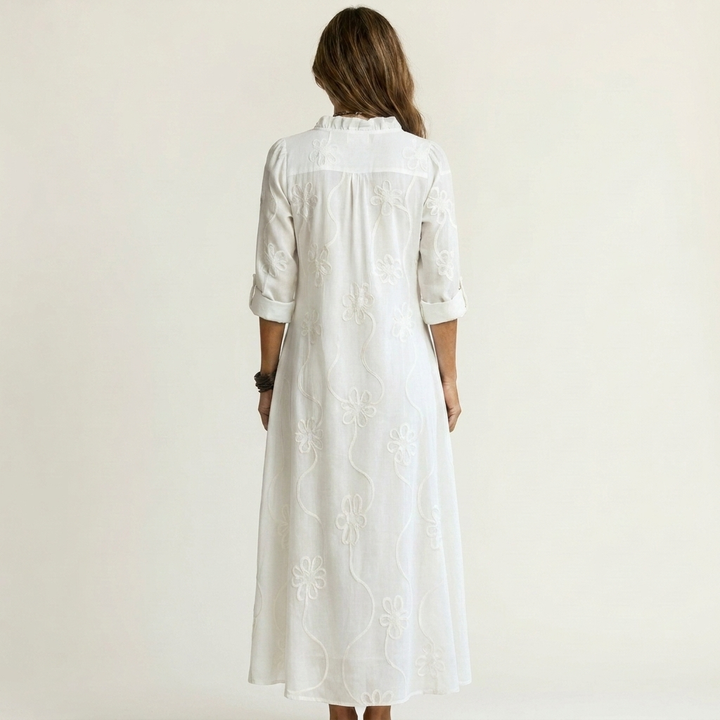 Marisa | Abito Maxi in Cotone-Lino con Ricamo Floreale Tono su Tono