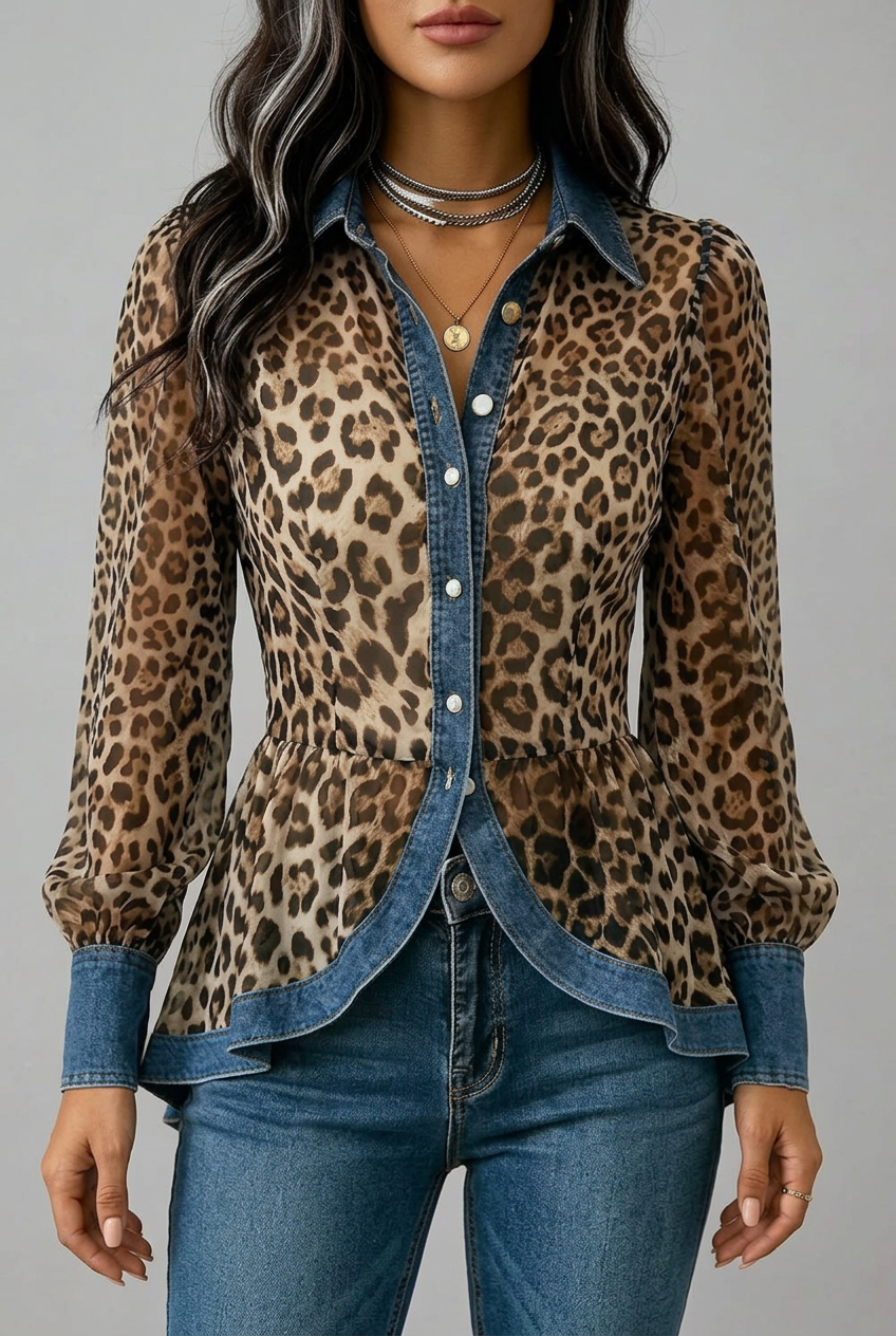 Delia | Giacca Lunga con Pannelli in Denim e Motivo Leopardato