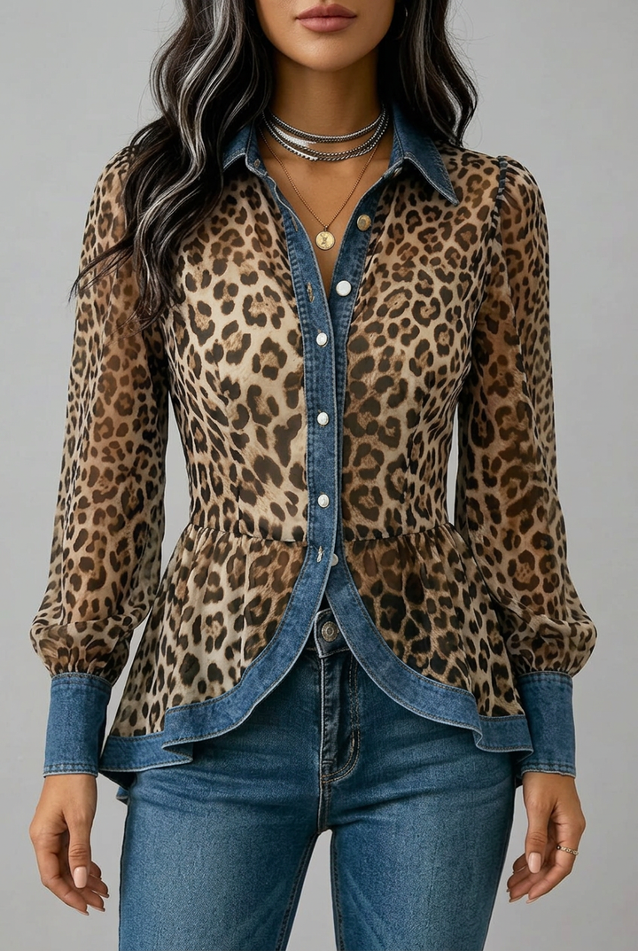 Delia | Giacca Lunga con Pannelli in Denim e Motivo Leopardato