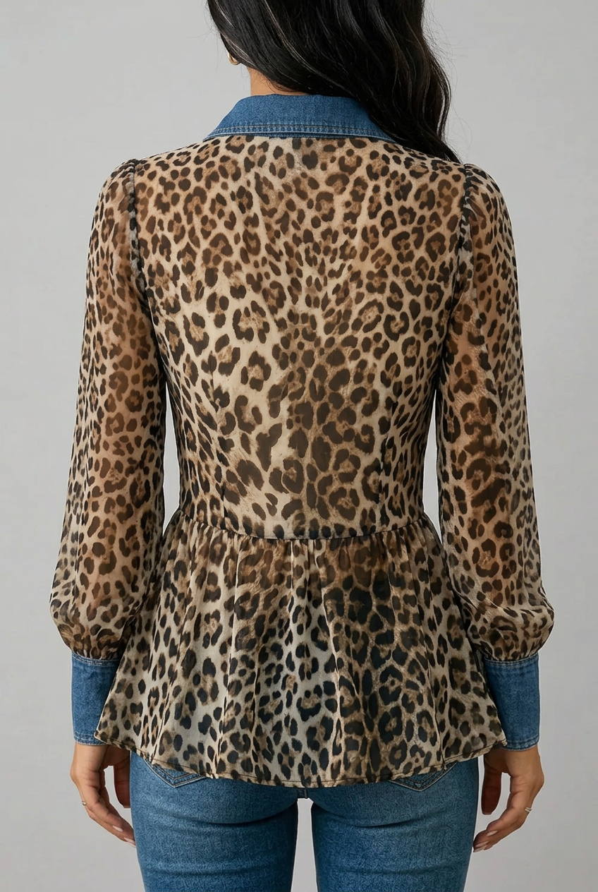 Delia | Giacca Lunga con Pannelli in Denim e Motivo Leopardato