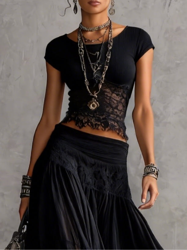 Rosanna | Completo Nero con Top in Pizzo Trasparente e Gonna Maxi Plissé