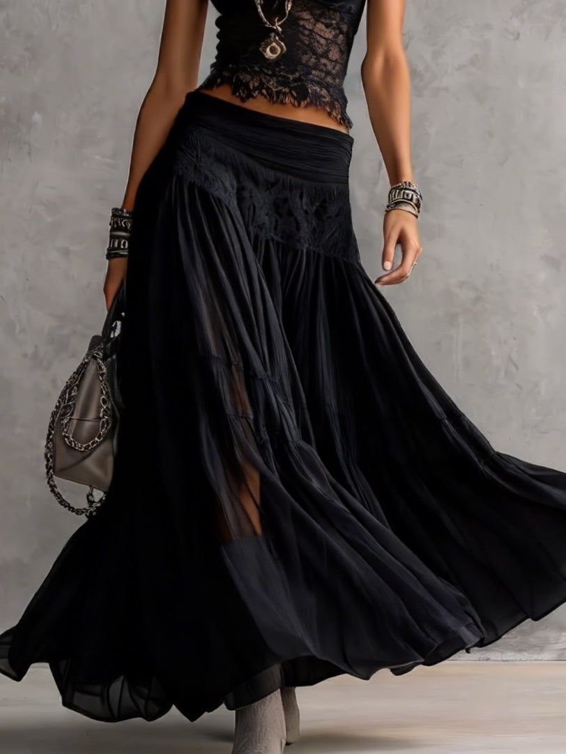 Rosanna | Completo Nero con Top in Pizzo Trasparente e Gonna Maxi Plissé