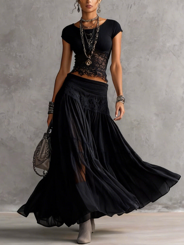 Rosanna | Completo Nero con Top in Pizzo Trasparente e Gonna Maxi Plissé