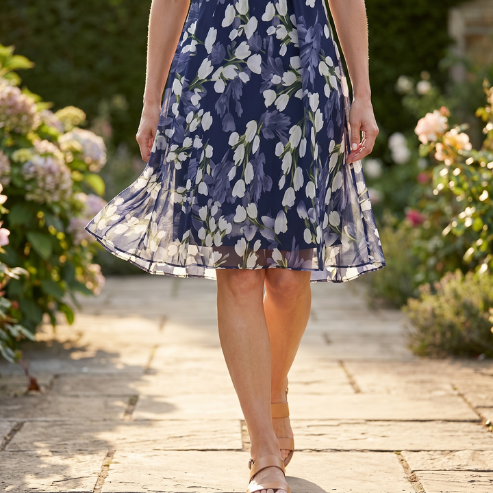 Fiorenza | Abito Midi Floreale Blu Navy Elegante