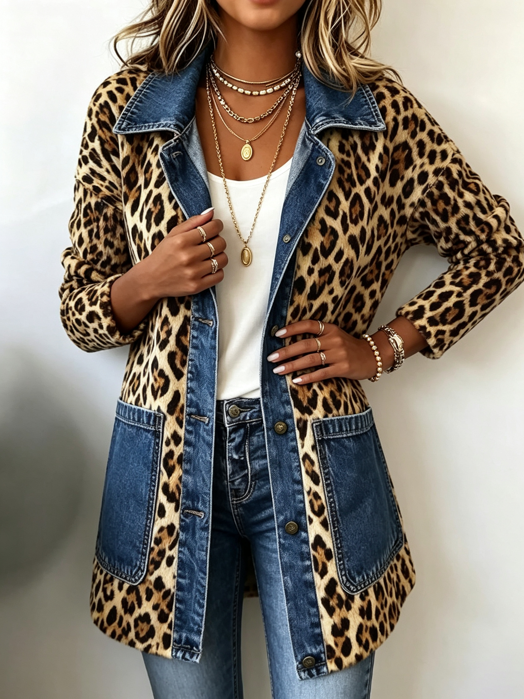 Lorena | Giacca Lunga Leopardata con Denim