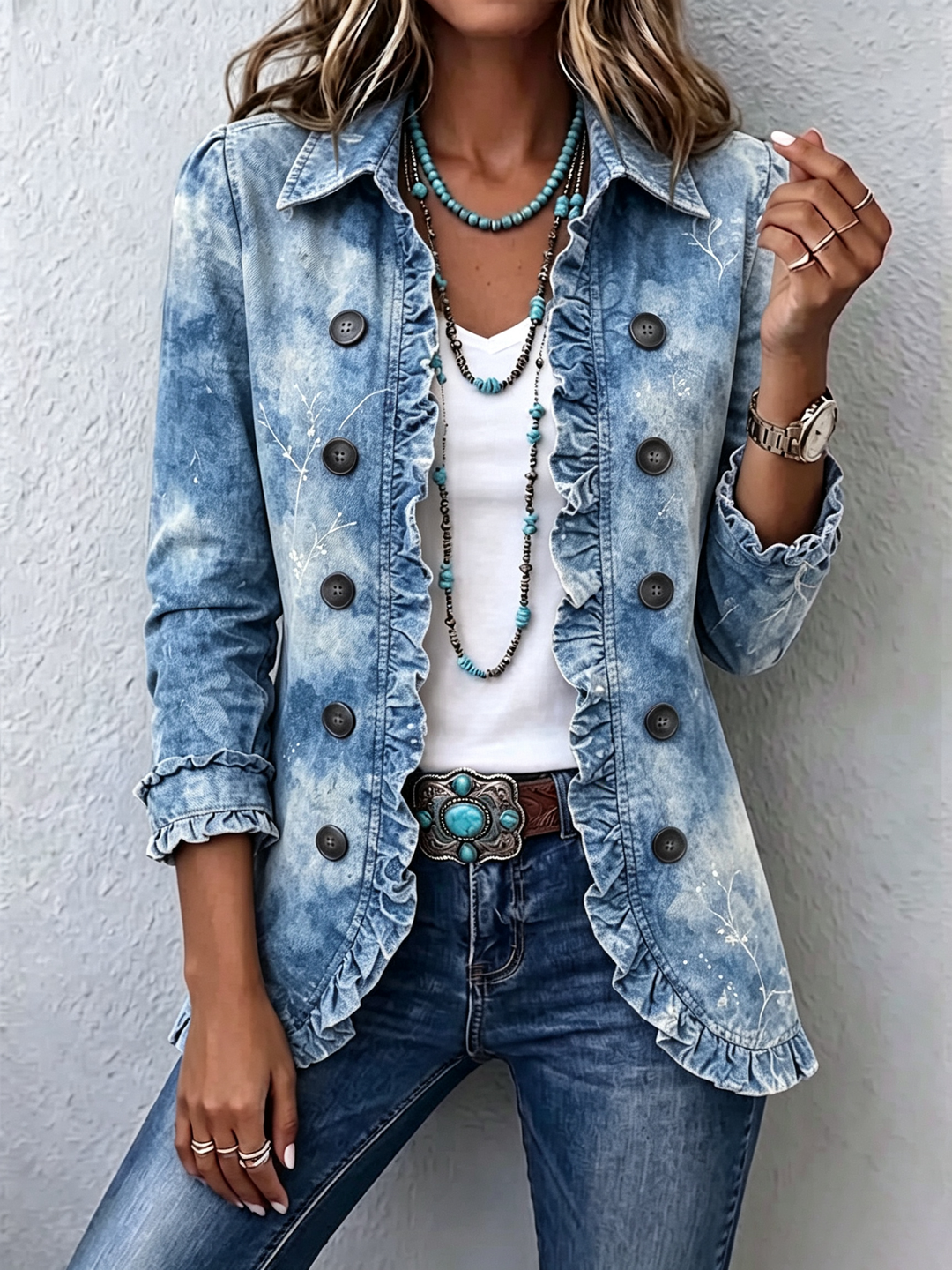 Enrica | Giacca Boho Botanica con Stampa a Gradiente e Volant