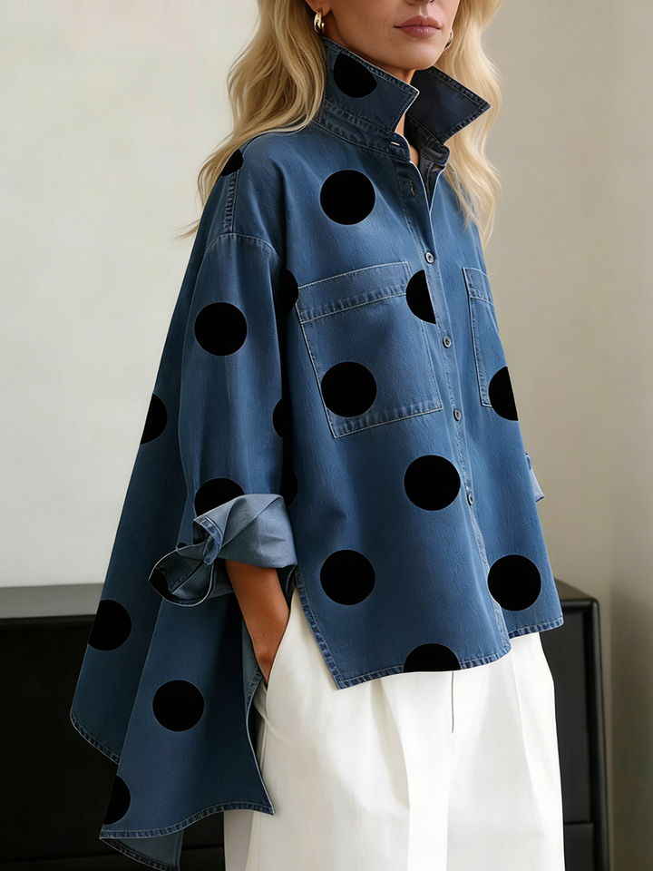 Fausta | Camicia di jeans a pois con collo alto