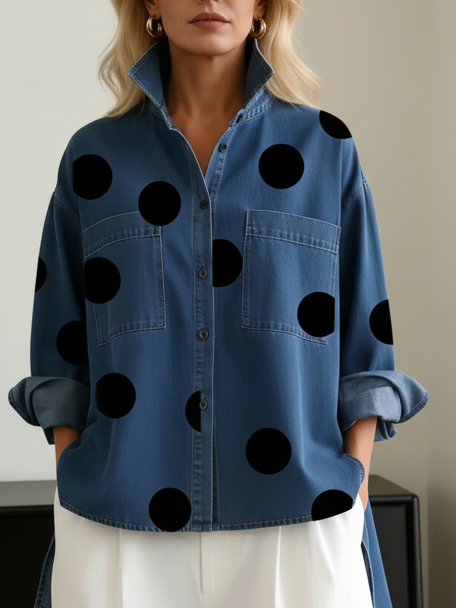 Fausta | Camicia di jeans a pois con collo alto