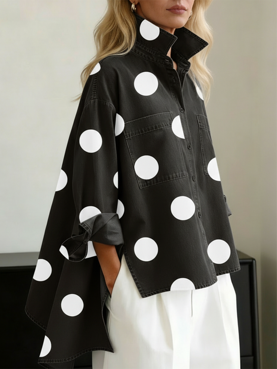 Fausta | Camicia di jeans a pois con collo alto